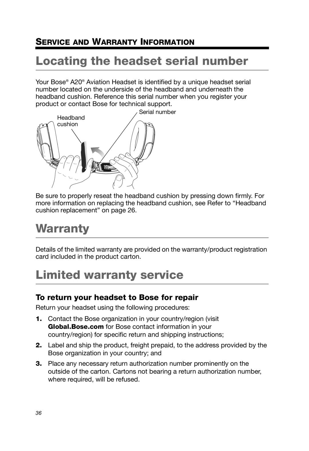 Bose A20 Locating the headset serial number, Warranty, Limited warranty service, To return your headset to Bose for repair 