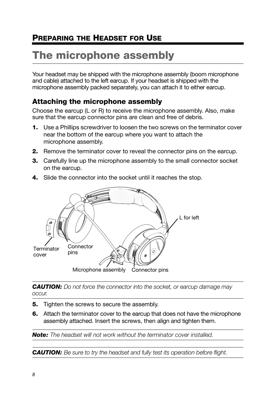 Bose A20 manual The microphone assembly, Attaching the microphone assembly, Preparing The Headset For Use 