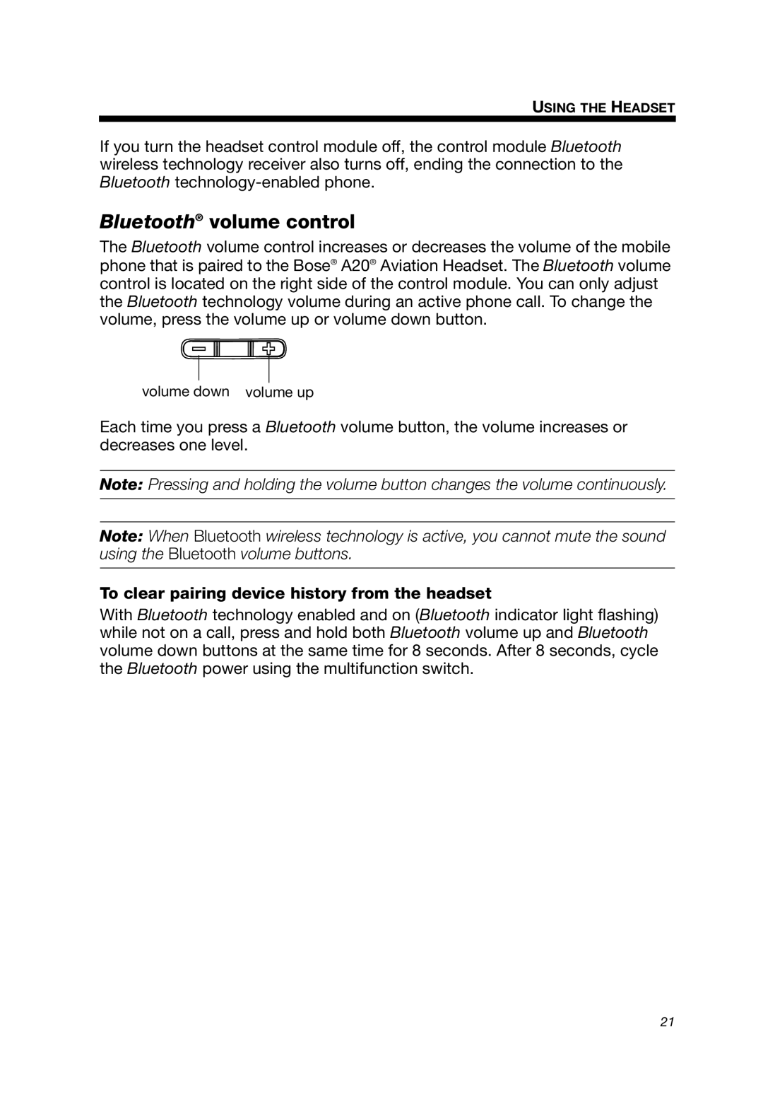 Bose A20 manual Bluetooth volume control, To clear pairing device history from the headset 