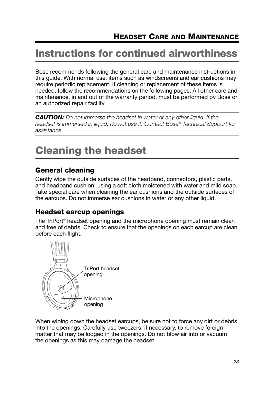 Bose A20 manual Instructions for continued airworthiness, Cleaning the headset, General cleaning, Headset earcup openings 