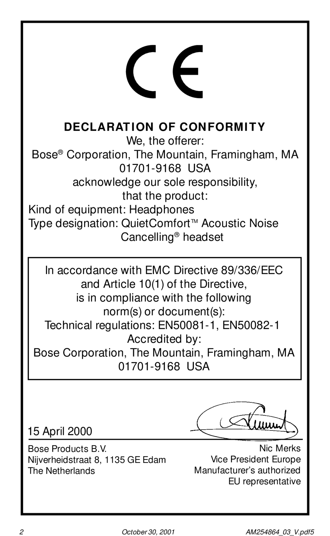 Bose Acoustic Noise Cancelling Headset manual Declaration of Conformity 