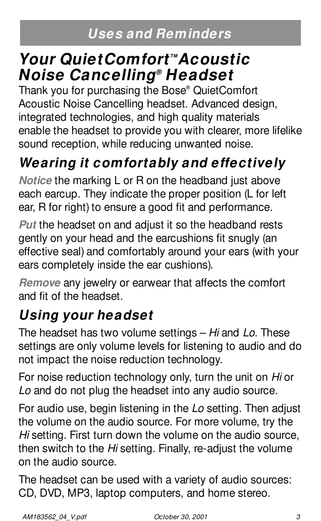 Bose Your QuietComfortTMAcoustic Noise Cancelling Headset, Wearing it comfortably and effectively, Using your headset 