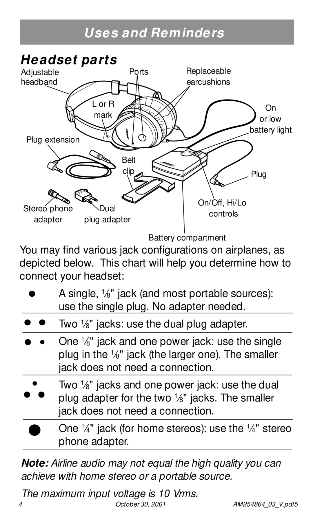 Bose Acoustic Noise Cancelling Headset manual Headset parts 