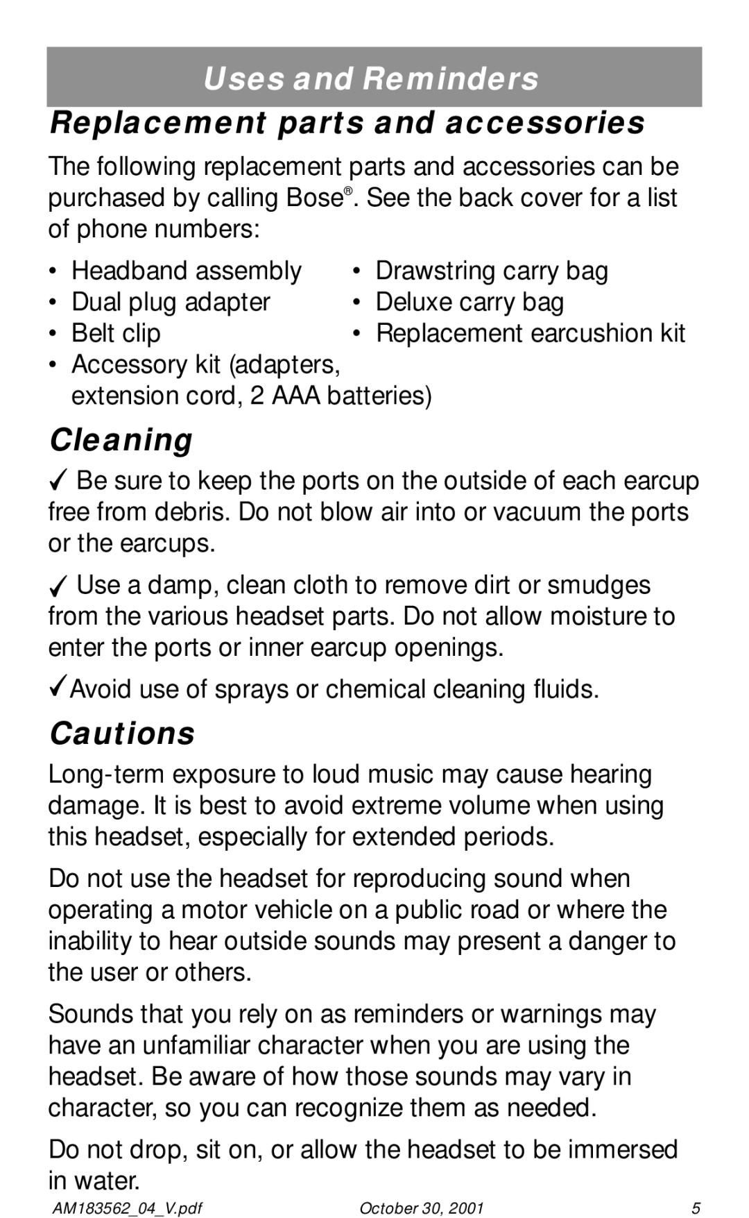 Bose Acoustic Noise Cancelling Headset manual Replacement parts and accessories, Cleaning 