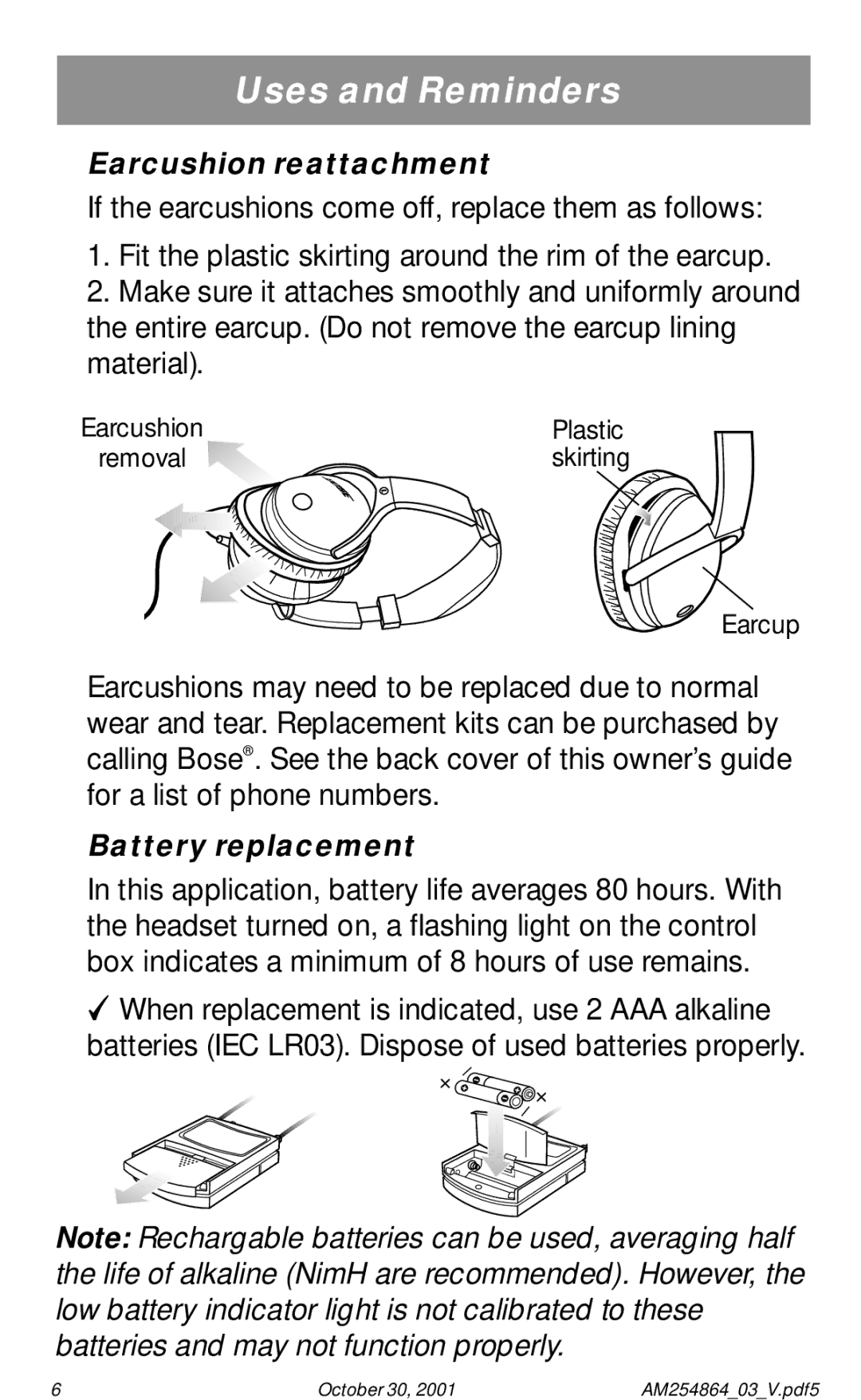 Bose Acoustic Noise Cancelling Headset manual Earcushion reattachment, Battery replacement 