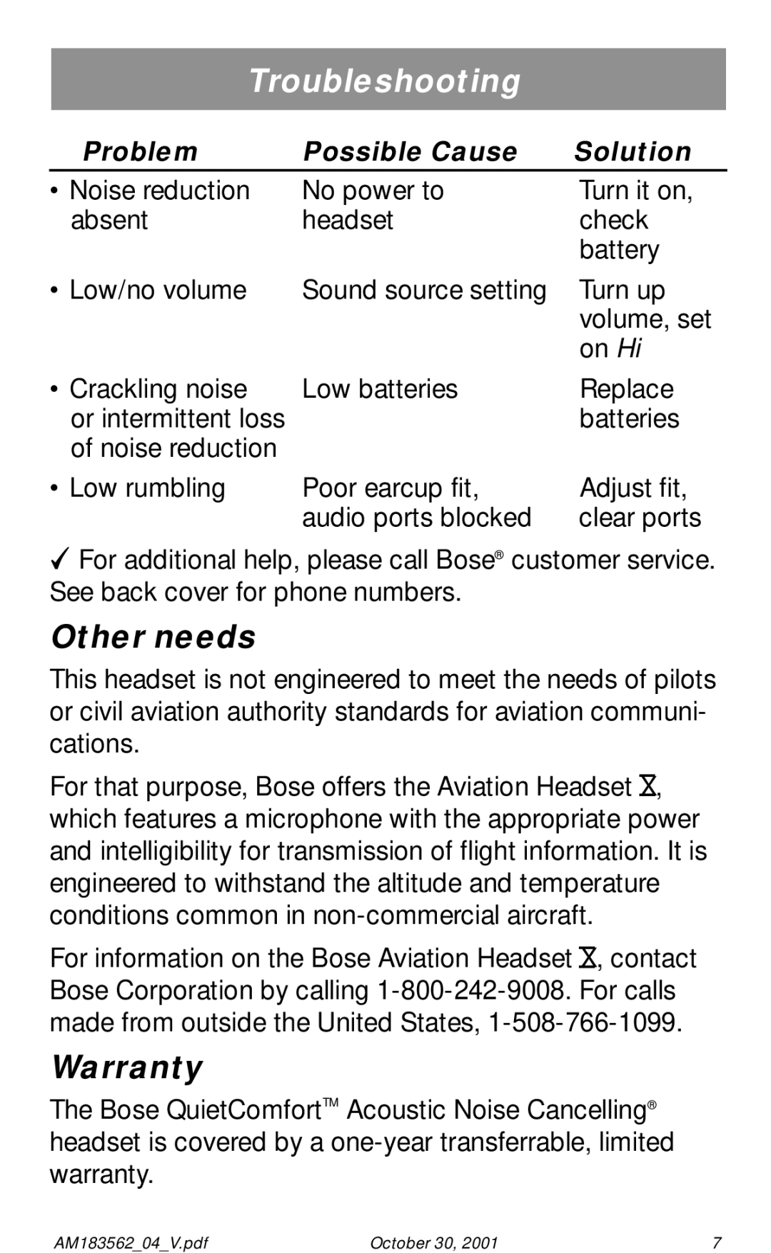 Bose Acoustic Noise Cancelling Headset manual Other needs, Warranty, Problem Possible Cause Solution 