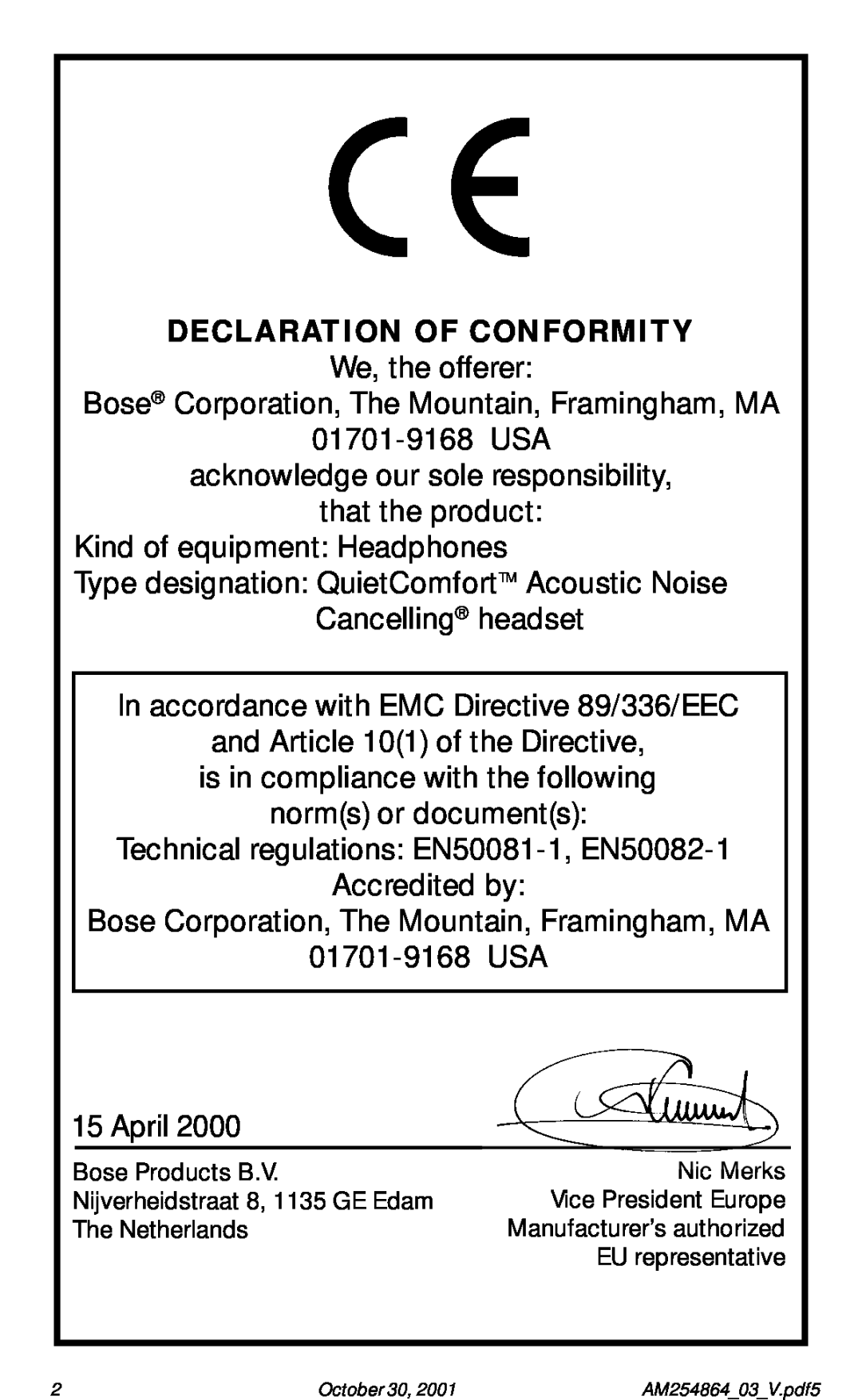 Bose Acoustic Noise Cancelling Headset manual Declaration Of Conformity 