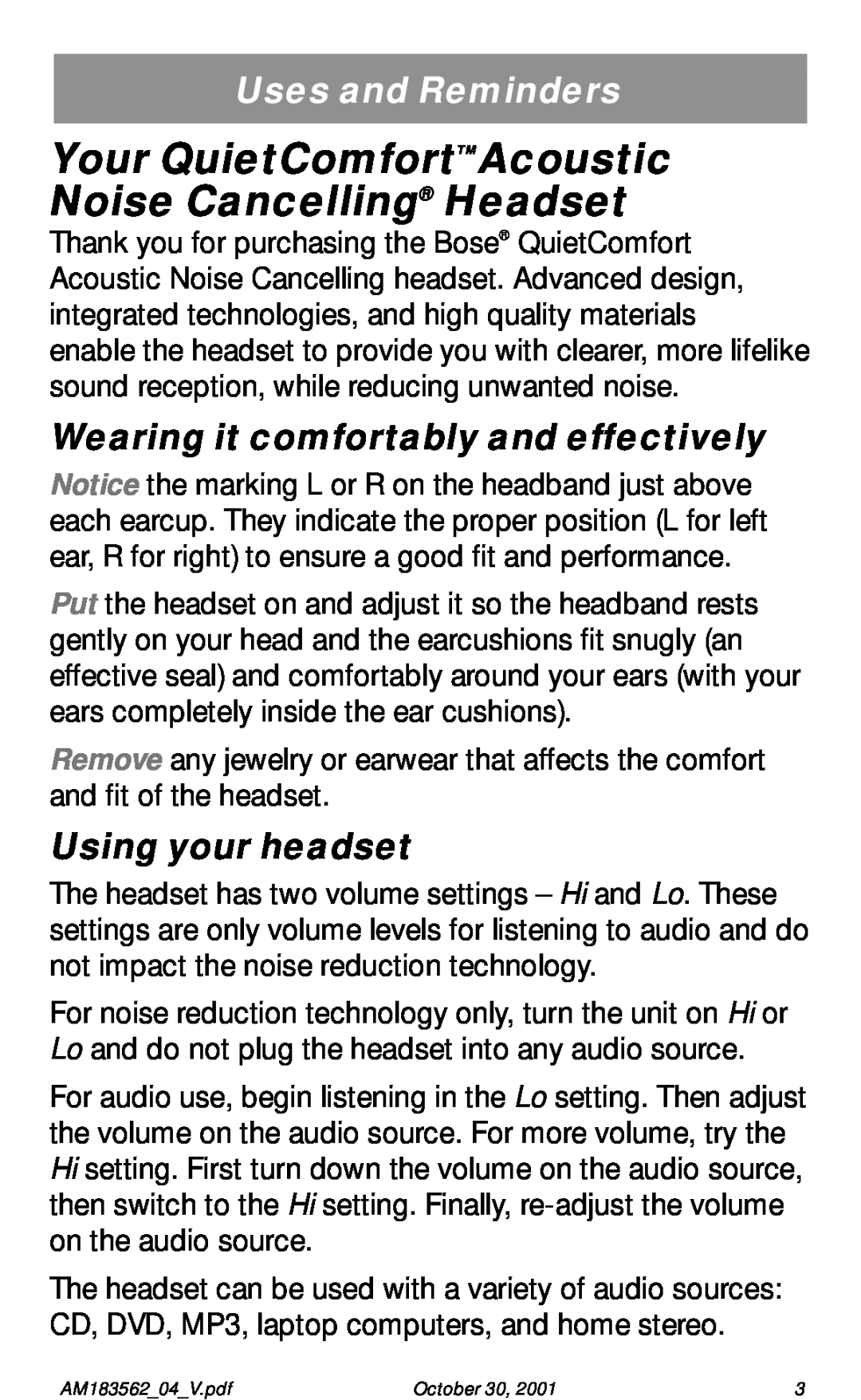 Bose Acoustic Noise Cancelling Headset Uses and Reminders, Wearing it comfortably and effectively, Using your headset 
