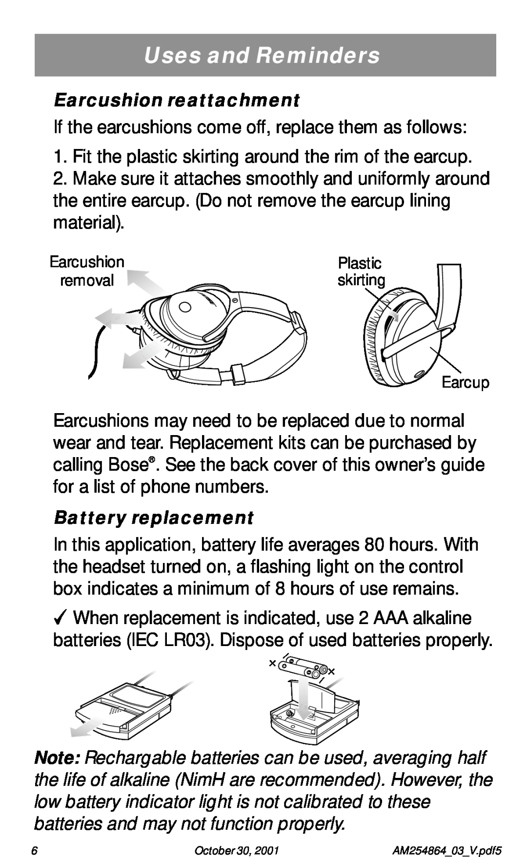Bose Acoustic Noise Cancelling Headset manual Earcushion reattachment, Battery replacement, Uses and Reminders 