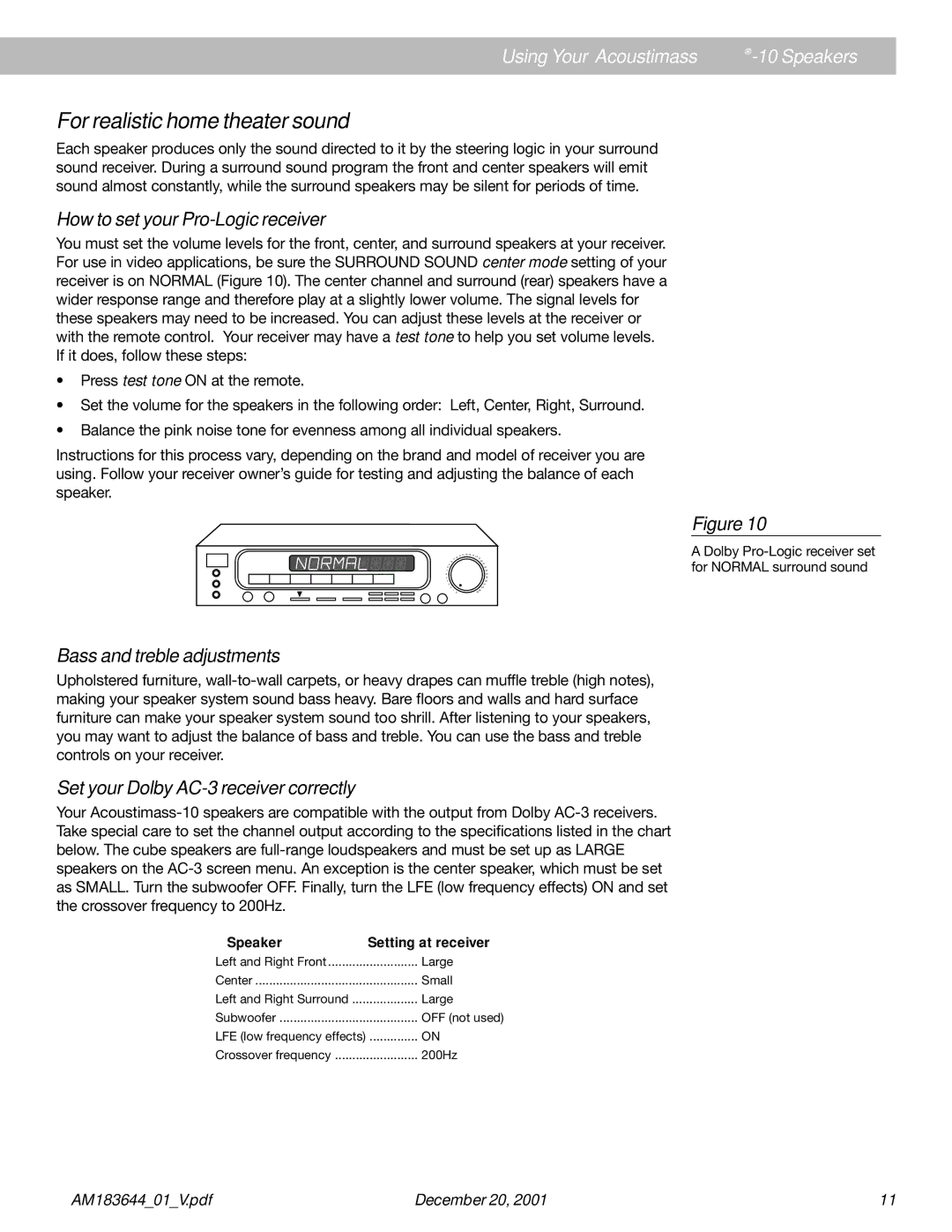 Bose Acoustimass - 10 For realistic home theater sound, How to set your Pro-Logic receiver, Bass and treble adjustments 