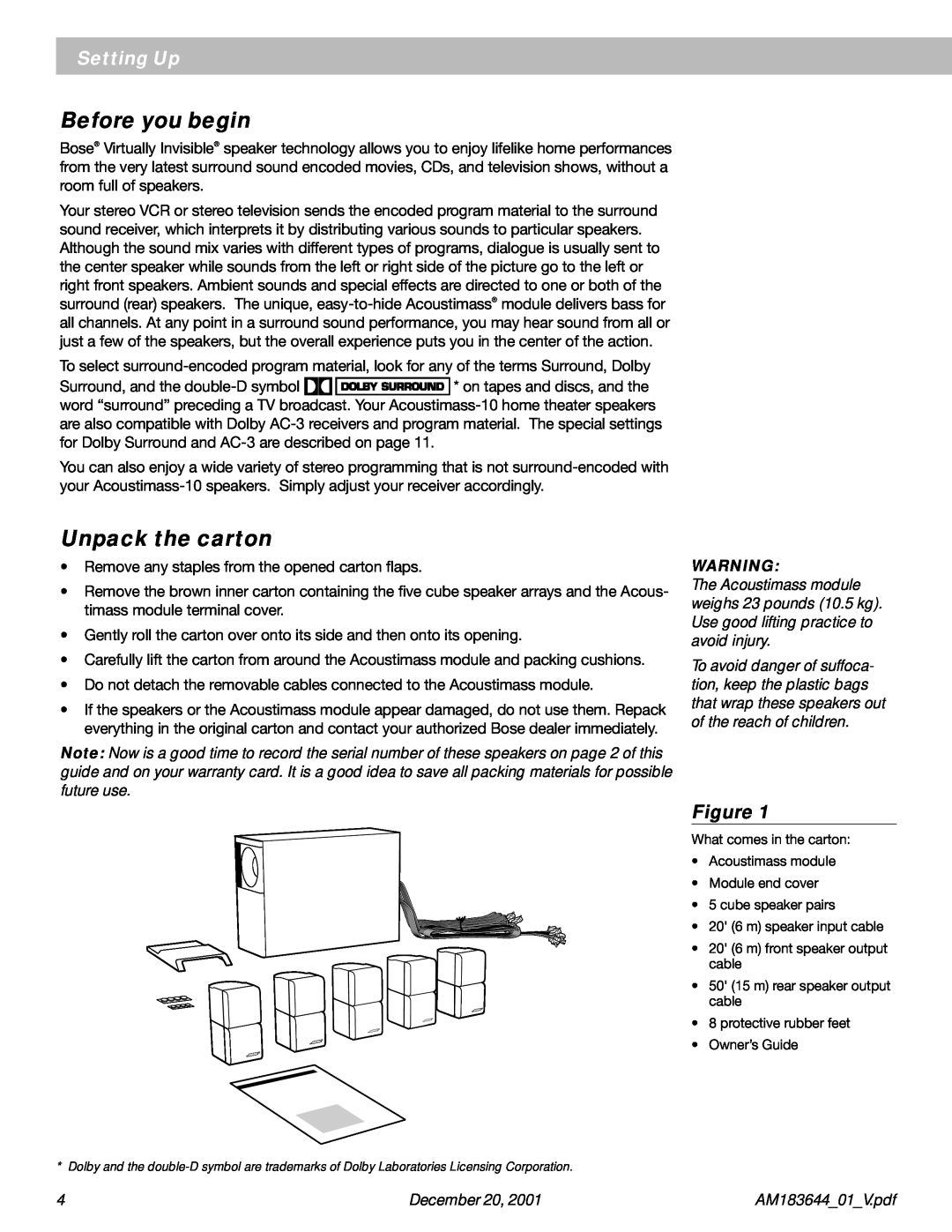 Bose Acoustimass - 10 manual Before you begin, Unpack the carton, Setting Up, December 