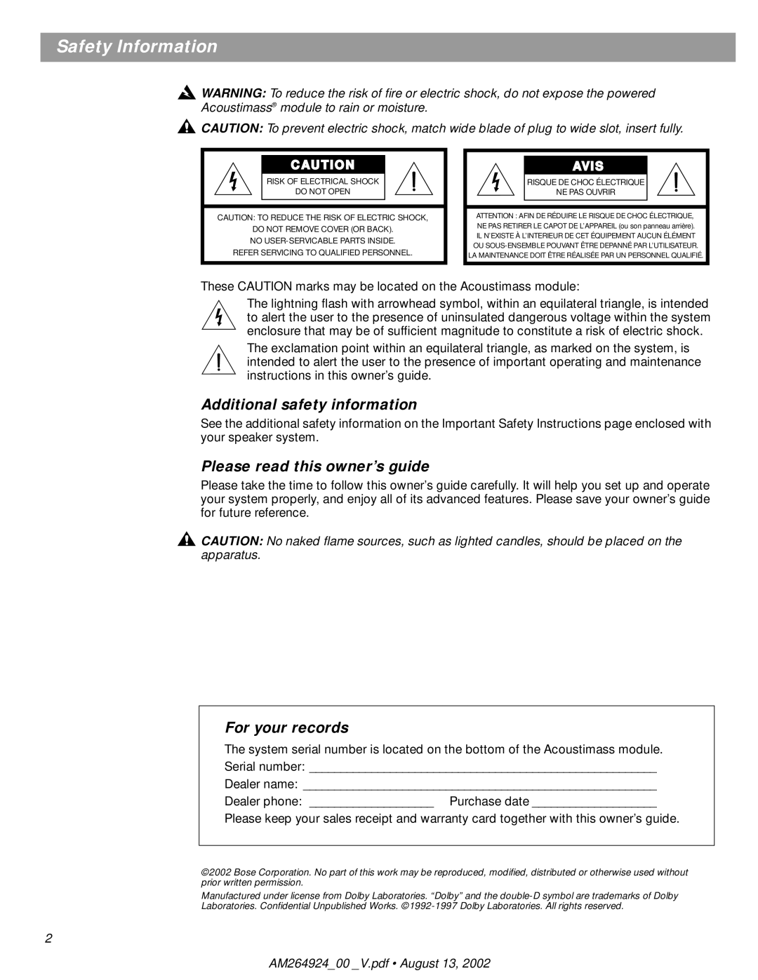 Bose Acoustimass 16 Safety Information, Additional safety information, Please read this owner’s guide, For your records 