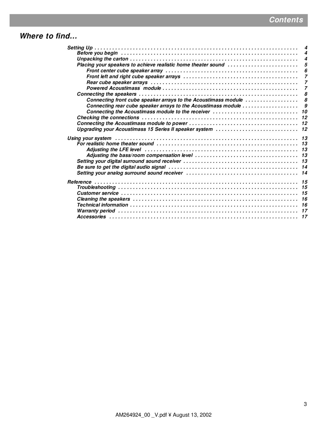 Bose 15, Acoustimass 16 manual Contents 