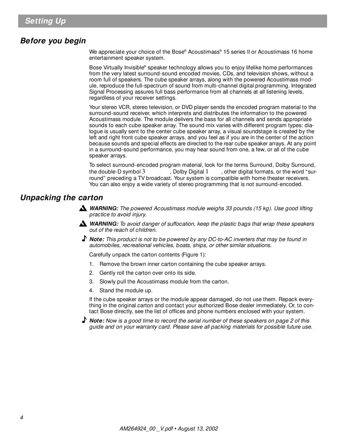 Bose Acoustimass 16, 15 manual Setting Up, Before you begin, Unpacking the carton 