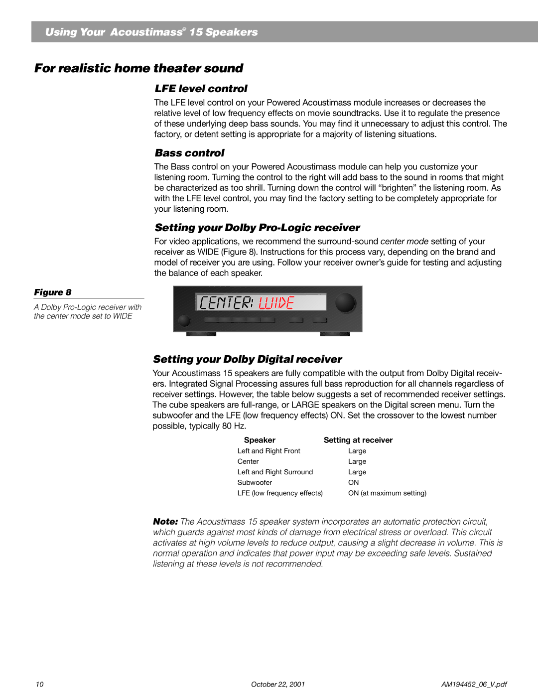 Bose Acoustimass For realistic home theater sound, LFE level control, Bass control, Setting your Dolby Pro-Logic receiver 