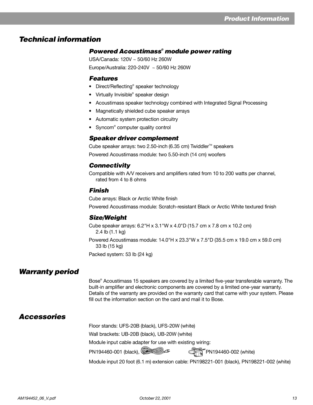 Bose Acoustimass manual Technical information, Warranty period, Accessories 