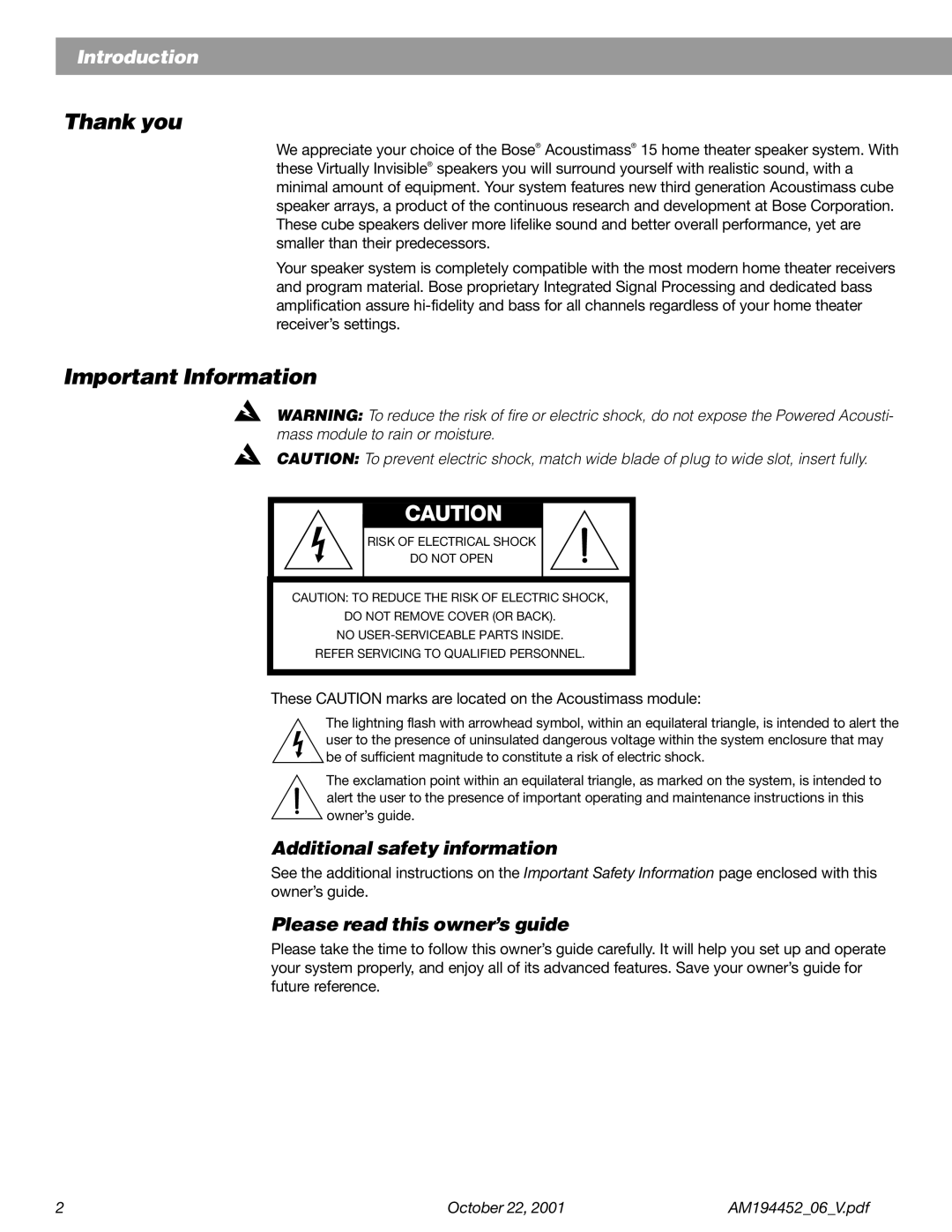 Bose Acoustimass manual Thank you, Important Information, Additional safety information, Please read this owner’s guide 