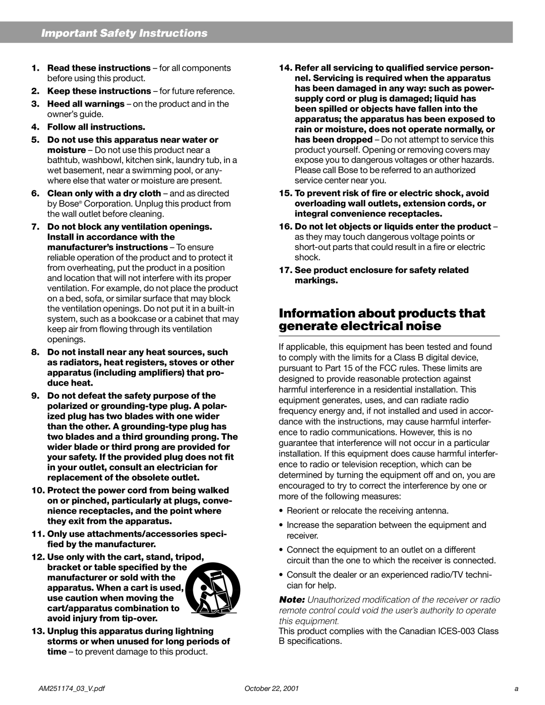 Bose Acoustimass manual Information about products that generate electrical noise 