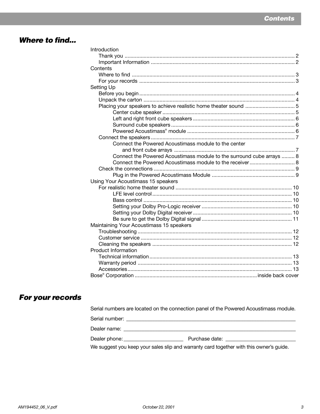 Bose Acoustimass manual Where to find, For your records 