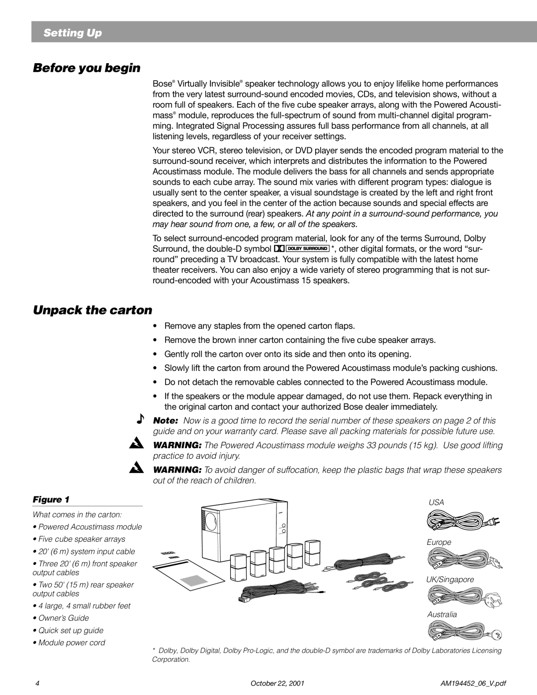 Bose Acoustimass manual Before you begin, Unpack the carton 