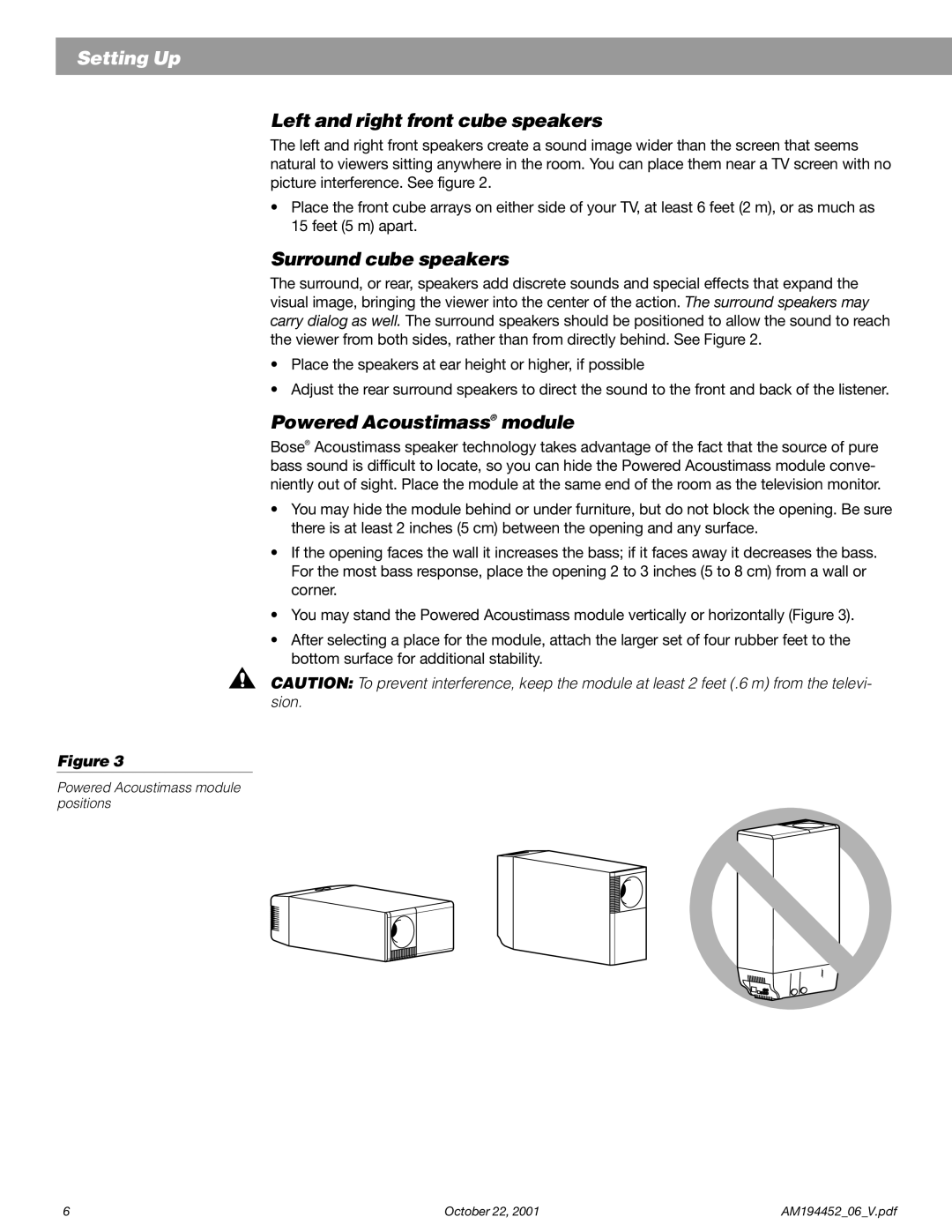 Bose manual Left and right front cube speakers, Surround cube speakers, Powered Acoustimass module 