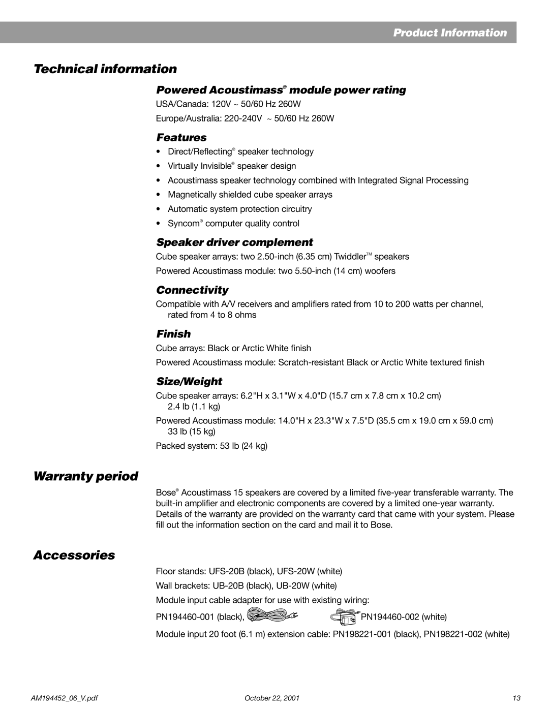Bose Acoustimass manual Technical information, Warranty period, Accessories, Product Information 