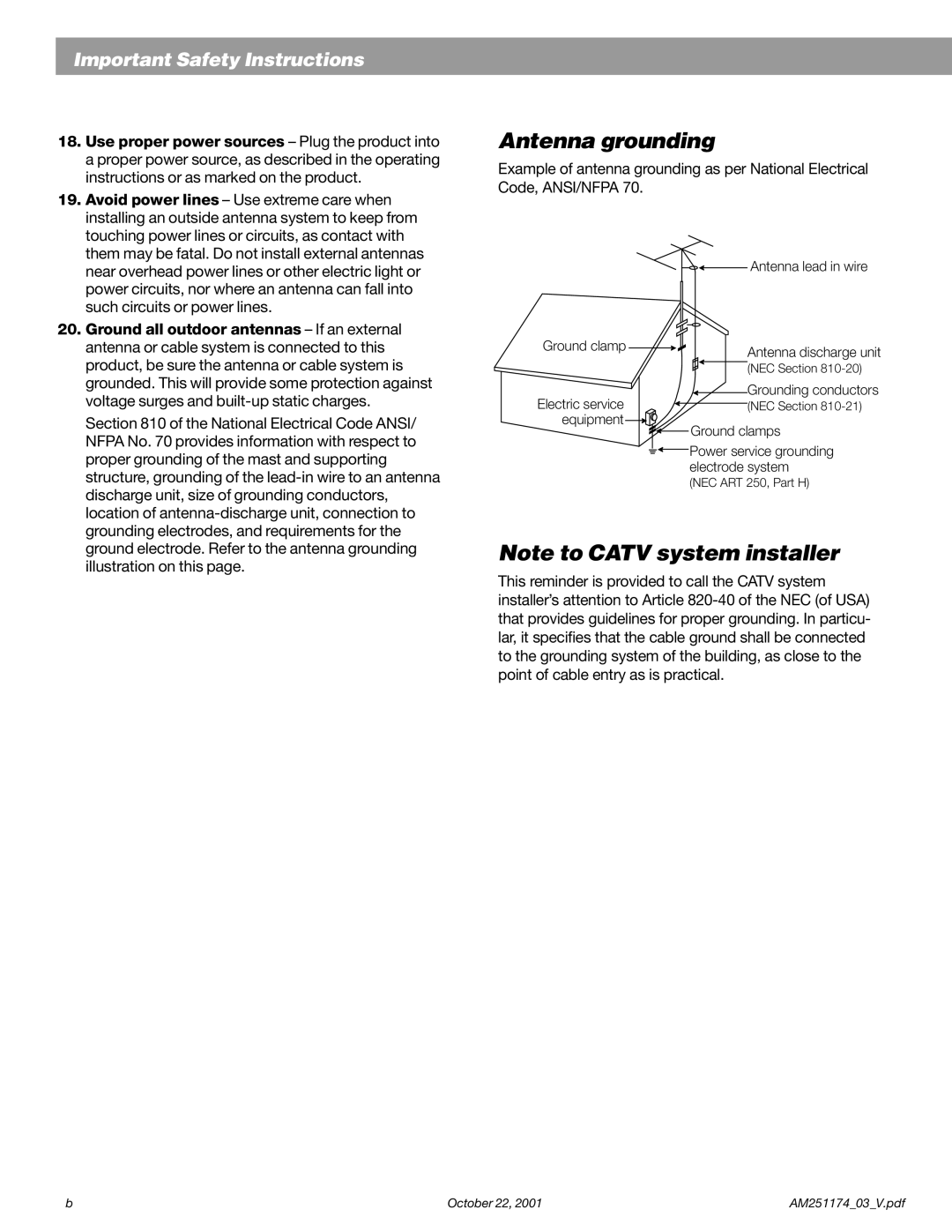 Bose Acoustimass Antenna grounding, Note to CATV system installer, Important Safety Instructions, Antenna lead in wire 