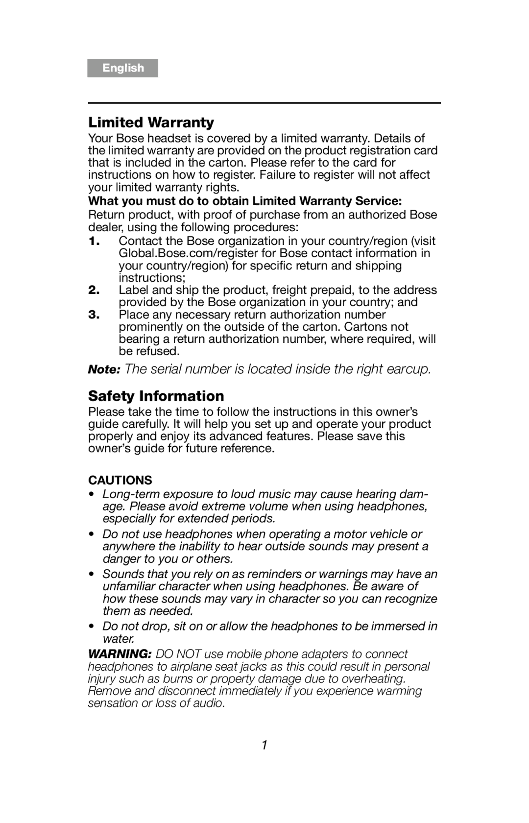 Bose AE2 manual Limited Warranty, Safety Information 