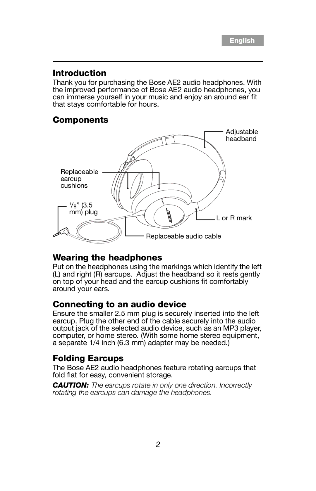 Bose AE2 manual Introduction, Components, Wearing the headphones, Connecting to an audio device, Folding Earcups 