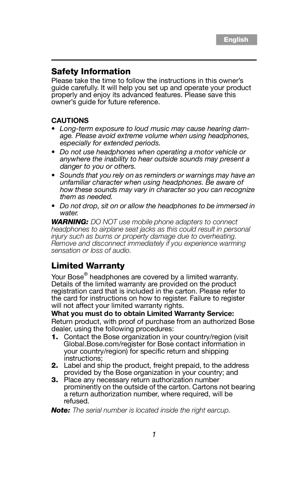 Bose AE2IW, AE2i White manual Safety Information, Limited Warranty 