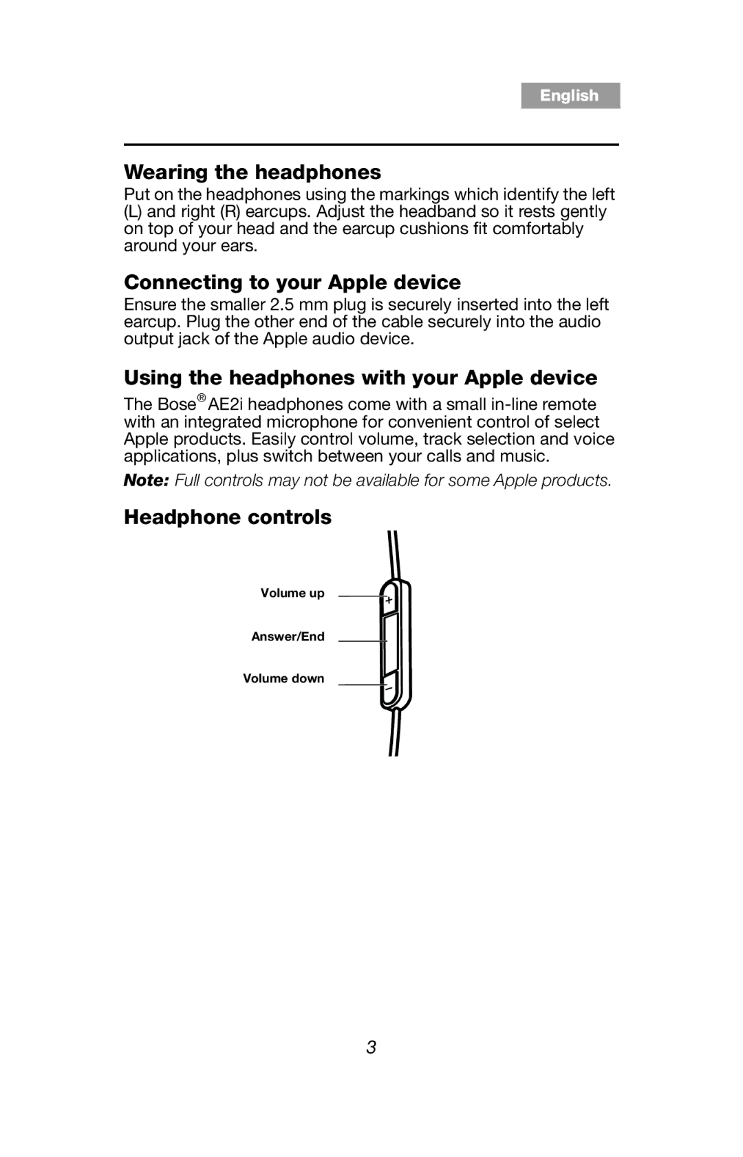 Bose AE2i White manual Wearing the headphones, Connecting to your Apple device, Using the headphones with your Apple device 