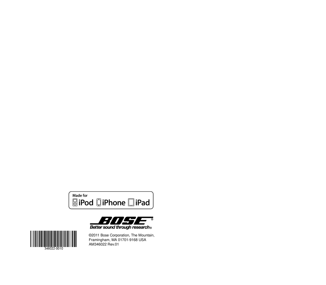 Bose AE2IW, AE2i White manual Bose Corporation, The Mountain, Framingham, MA 01701-9168USA AM346022 Rev.01 