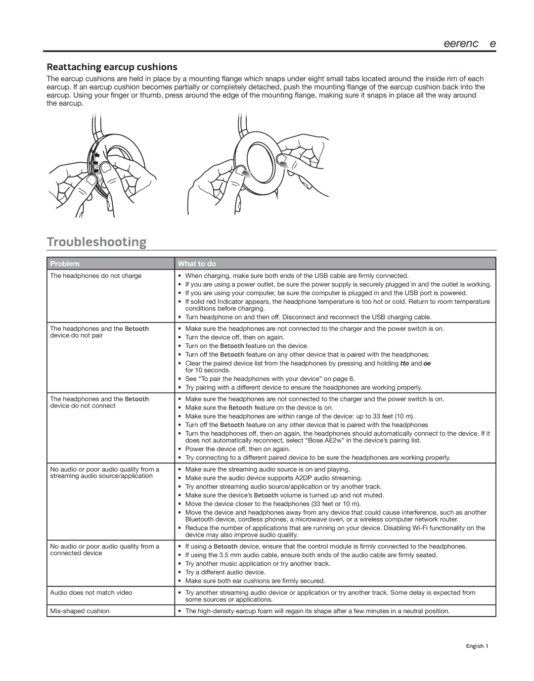 Bose BA1, AE2W, AE2 White, 363764-0010 manual Troubleshooting, Reattaching earcup cushions, Problem What to do 