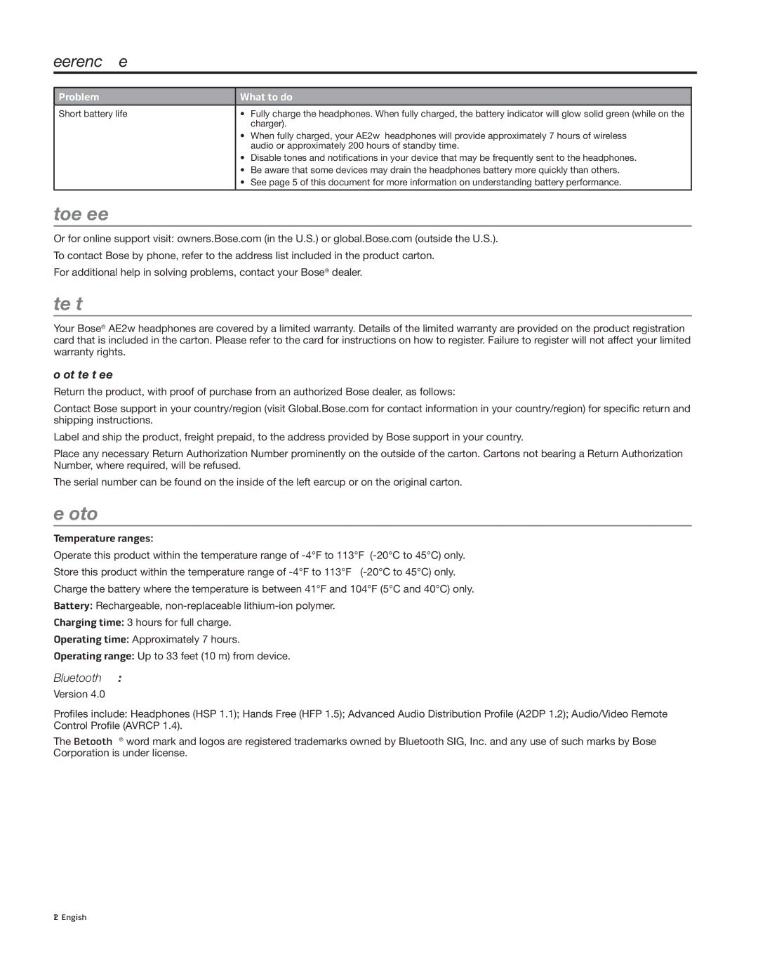 Bose AE2W, AE2 White, 363764-0010, BA1 manual Customer service, Limited Warranty, Technical information, Temperature ranges 