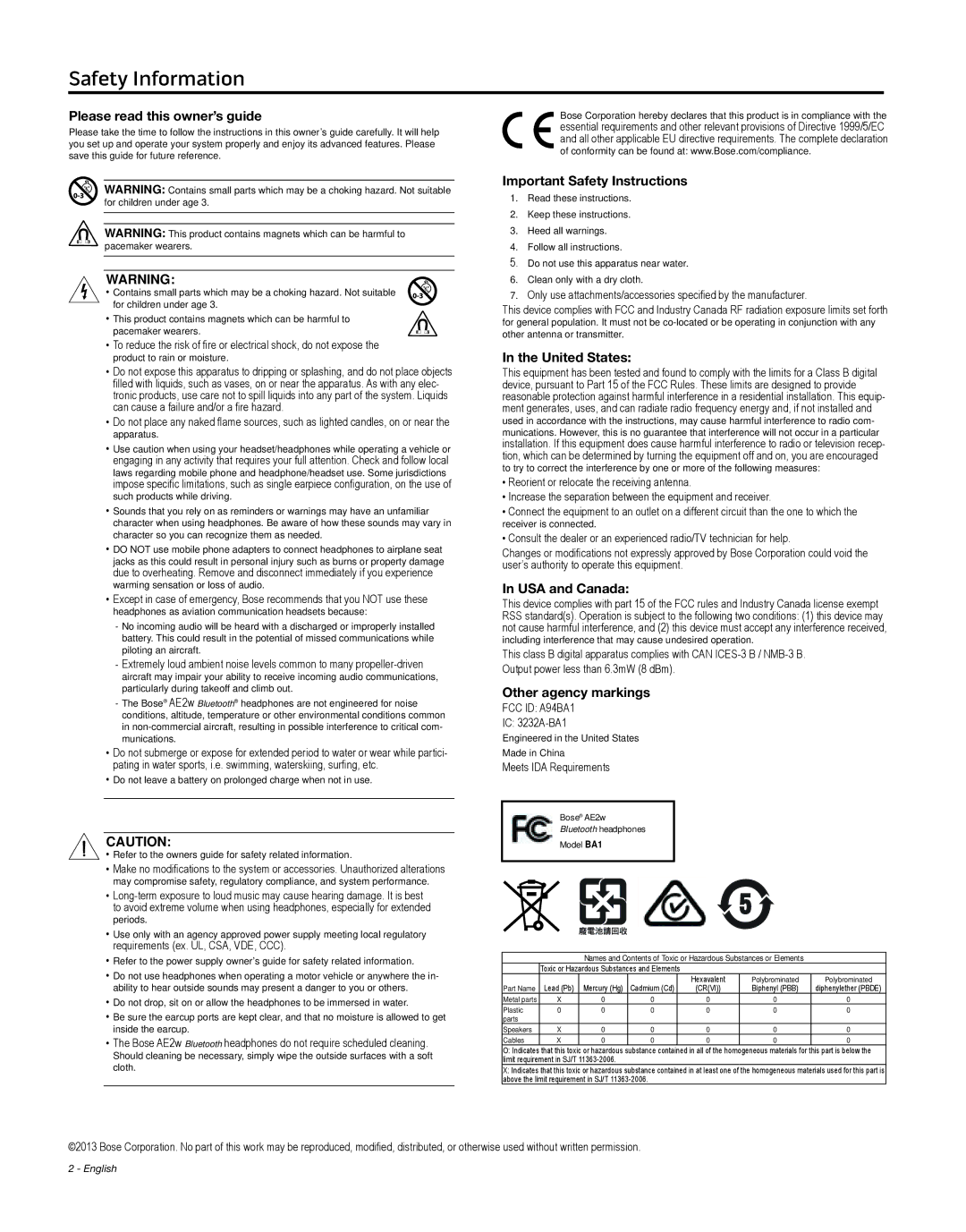 Bose 363764-0010, AE2W, BA1 Please read this owner’s guide, Important Safety Instructions, United States, USA and Canada 