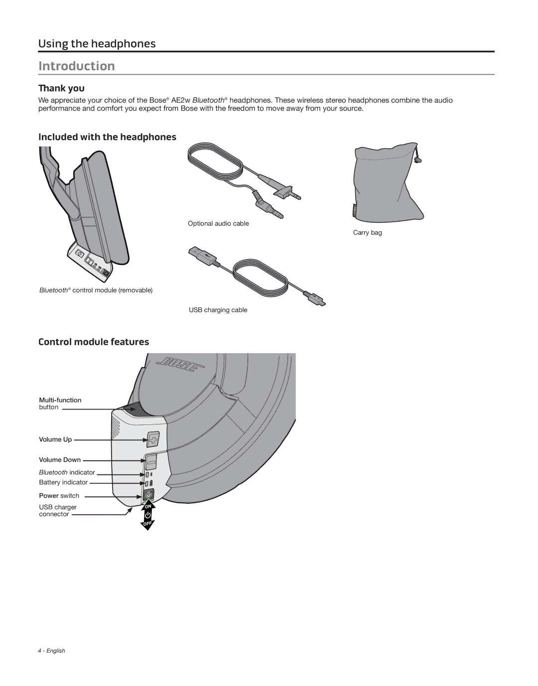 Bose AE2W, AE2 White, 363764-0010, BA1 manual Introduction, Thank you, Included with the headphones, Control module features 