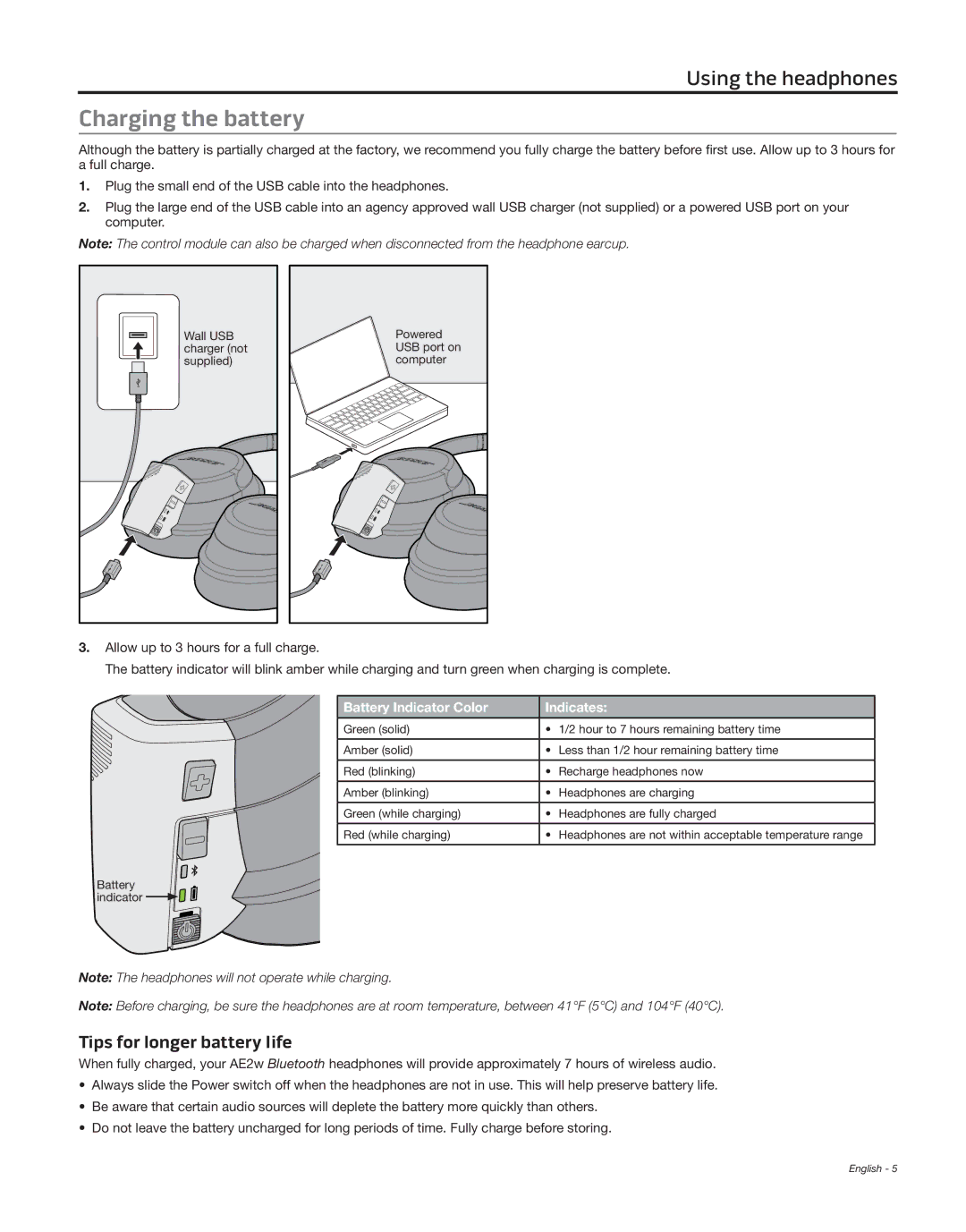 Bose AE2 White, AE2W, 363764-0010, BA1 Charging the battery, Tips for longer battery life, Battery Indicator Color Indicates 