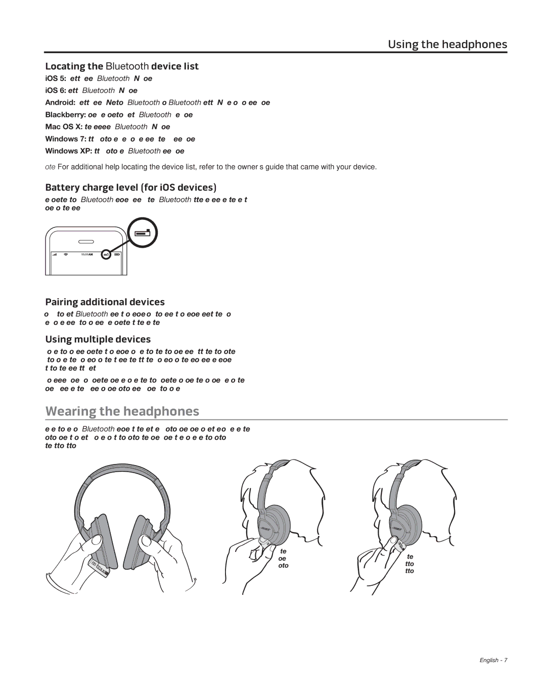 Bose BA1, AE2W, AE2 White Wearing the headphones, Locating the Bluetooth device list, Battery charge level for iOS devices 