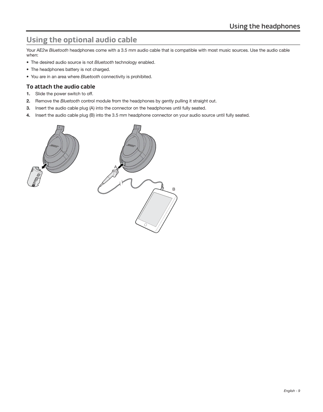 Bose AE2 White, AE2W, 363764-0010, BA1 manual Using the optional audio cable, To attach the audio cable 