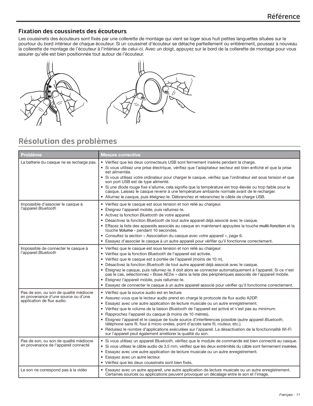 Bose AE2W manual Résolution des problèmes, Fixation des coussinets des écouteurs, Problème Mesure corrective 