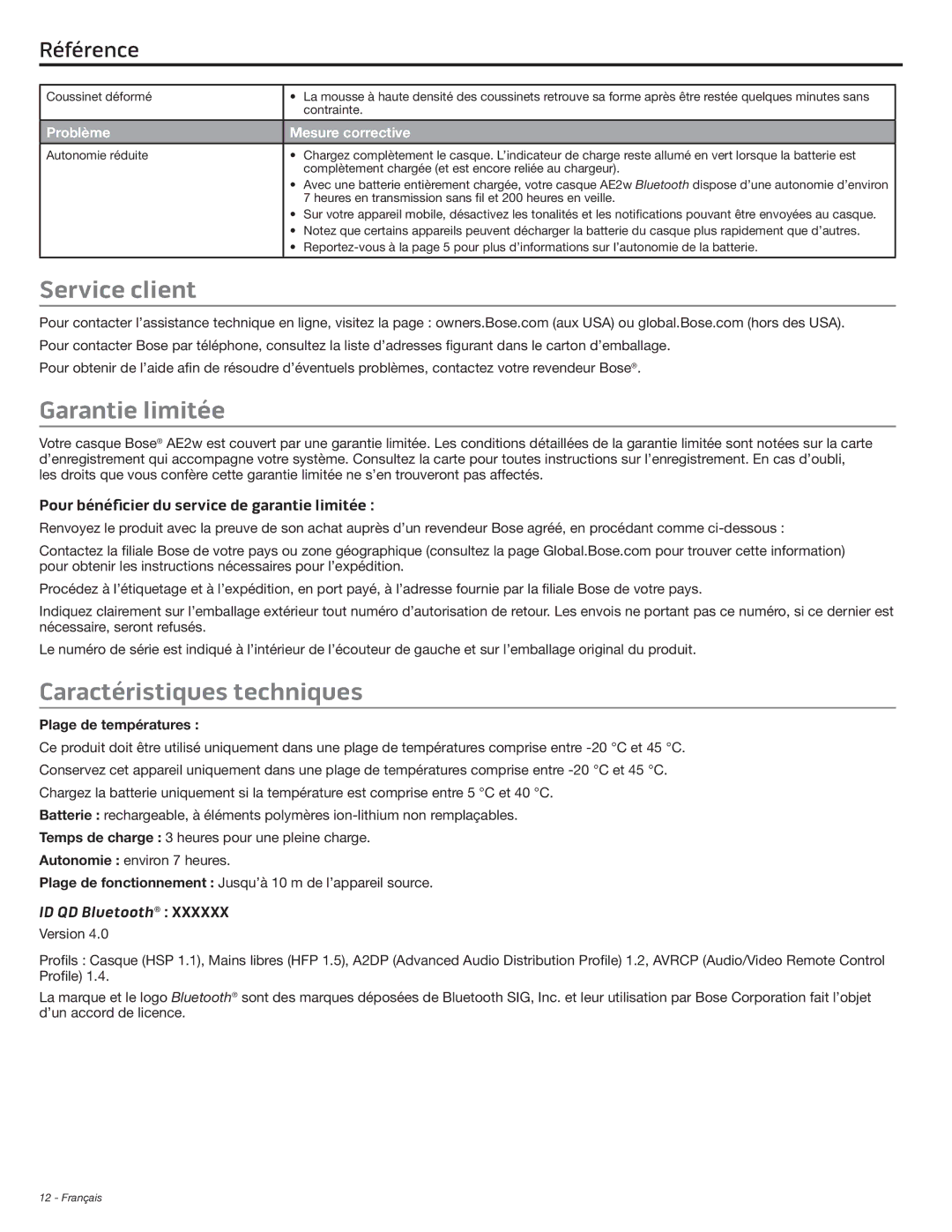 Bose AE2W manual Service client, Garantie limitée, Caractéristiques techniques, Plage de températures 