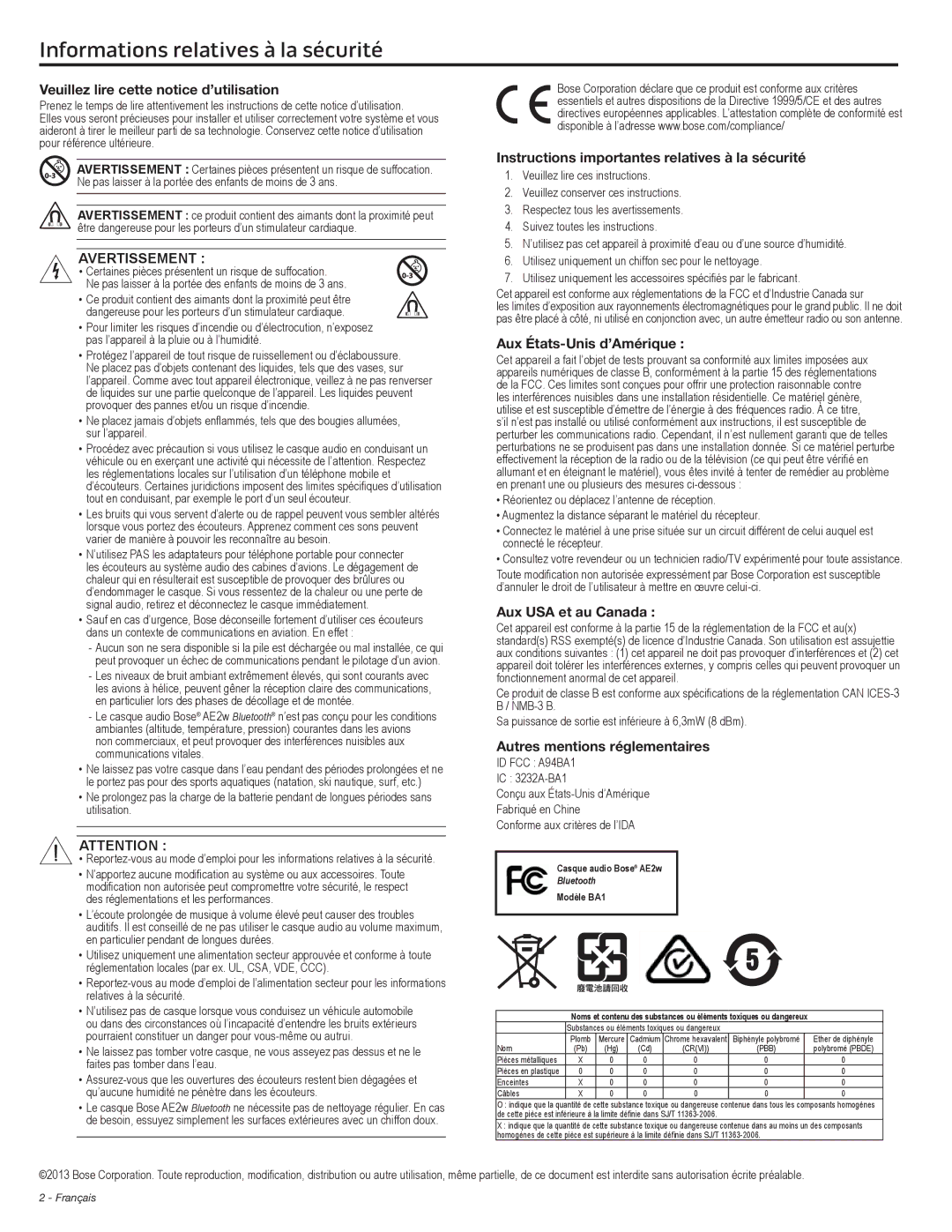 Bose AE2W manual Informations relatives à la sécurité, Veuillez lire cette notice d’utilisation 