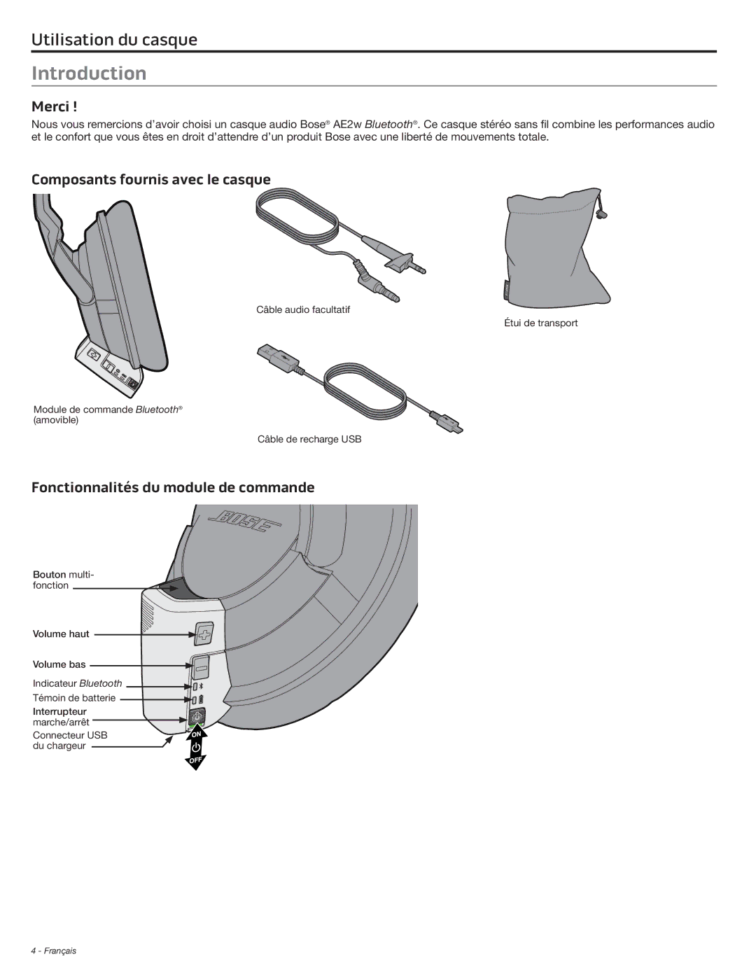 Bose AE2W manual Introduction, Merci, Composants fournis avec le casque, Fonctionnalités du module de commande 