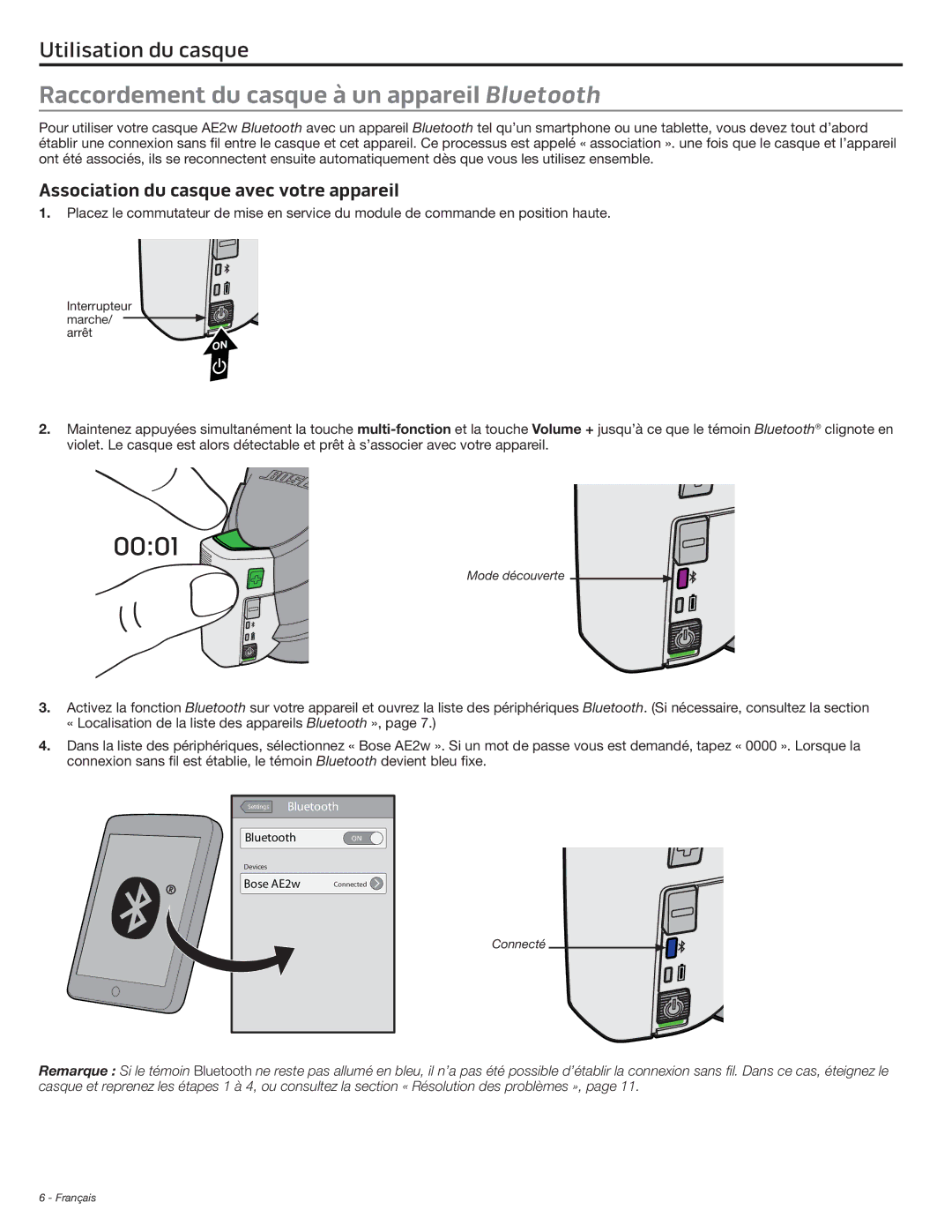 Bose AE2W manual Raccordement du casque à un appareil Bluetooth, Association du casque avec votre appareil 