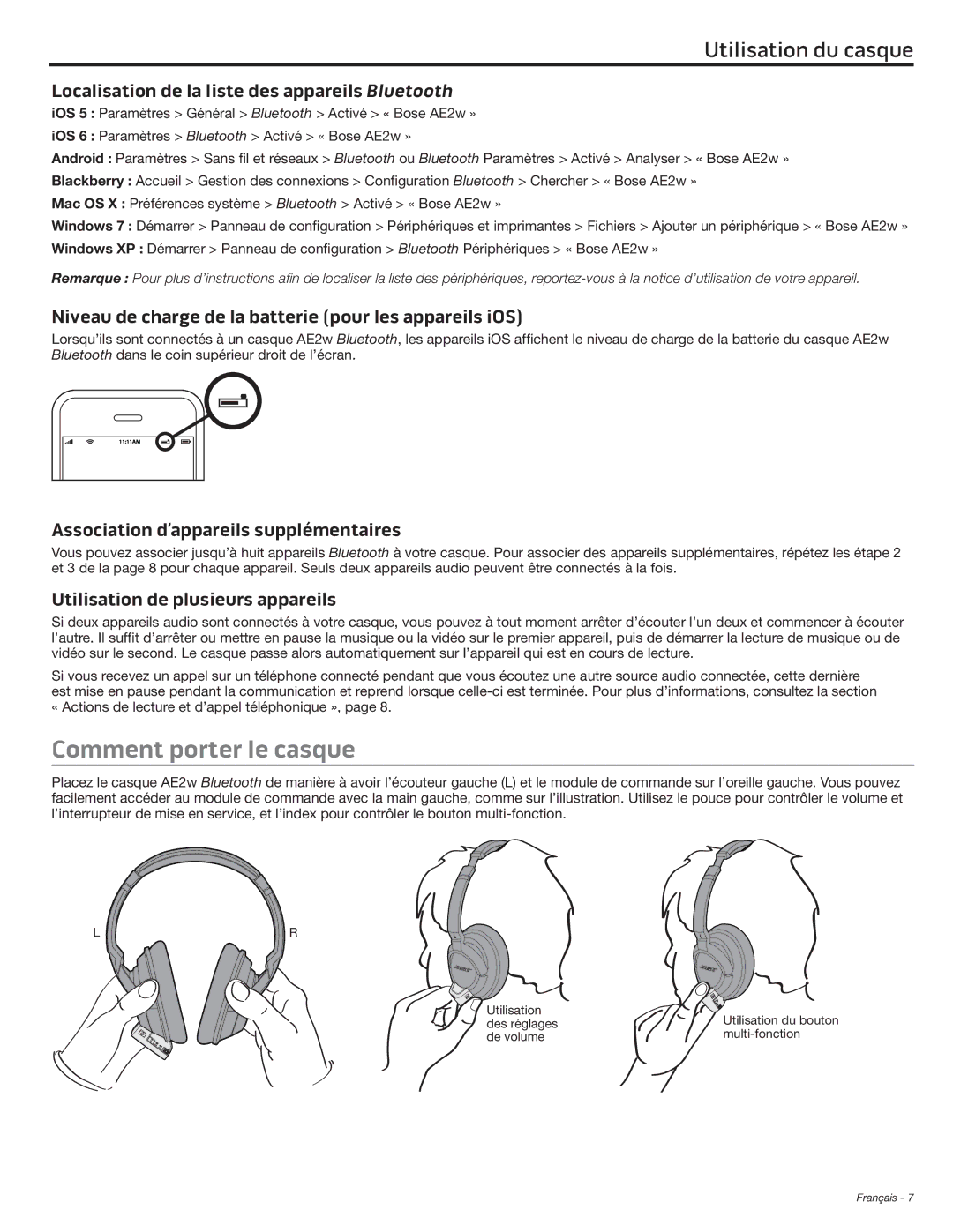 Bose AE2W Comment porter le casque, Localisation de la liste des appareils Bluetooth, Utilisation de plusieurs appareils 