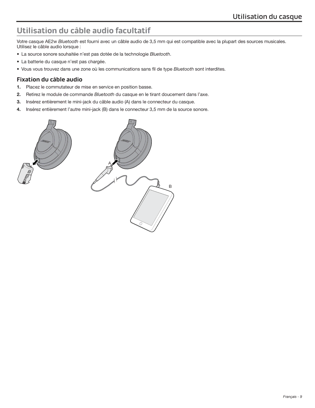 Bose AE2W manual Utilisation du câble audio facultatif, Fixation du câble audio 