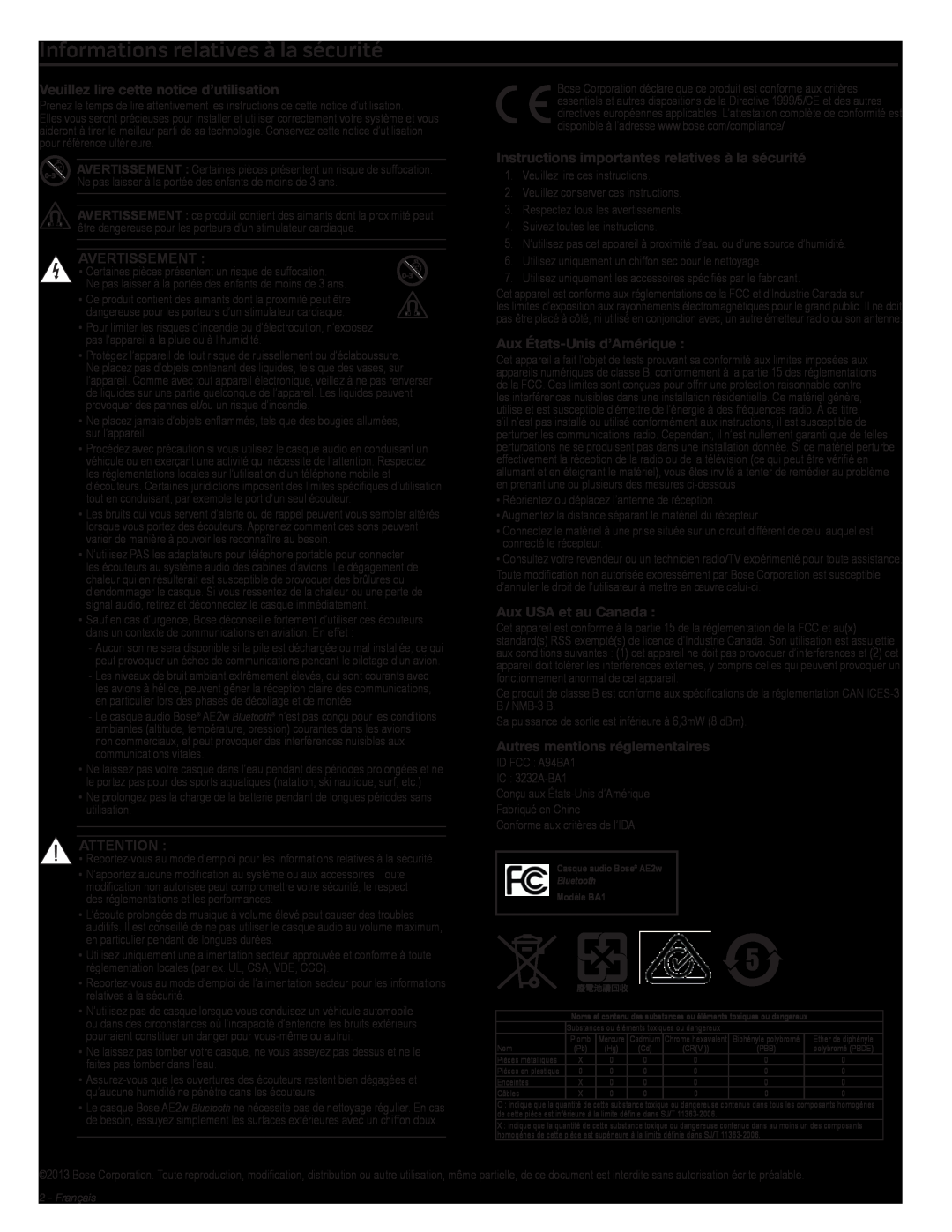 Bose AE2W manual Informations relatives à la sécurité, Veuillez lire cette notice d’utilisation, Avertissement 