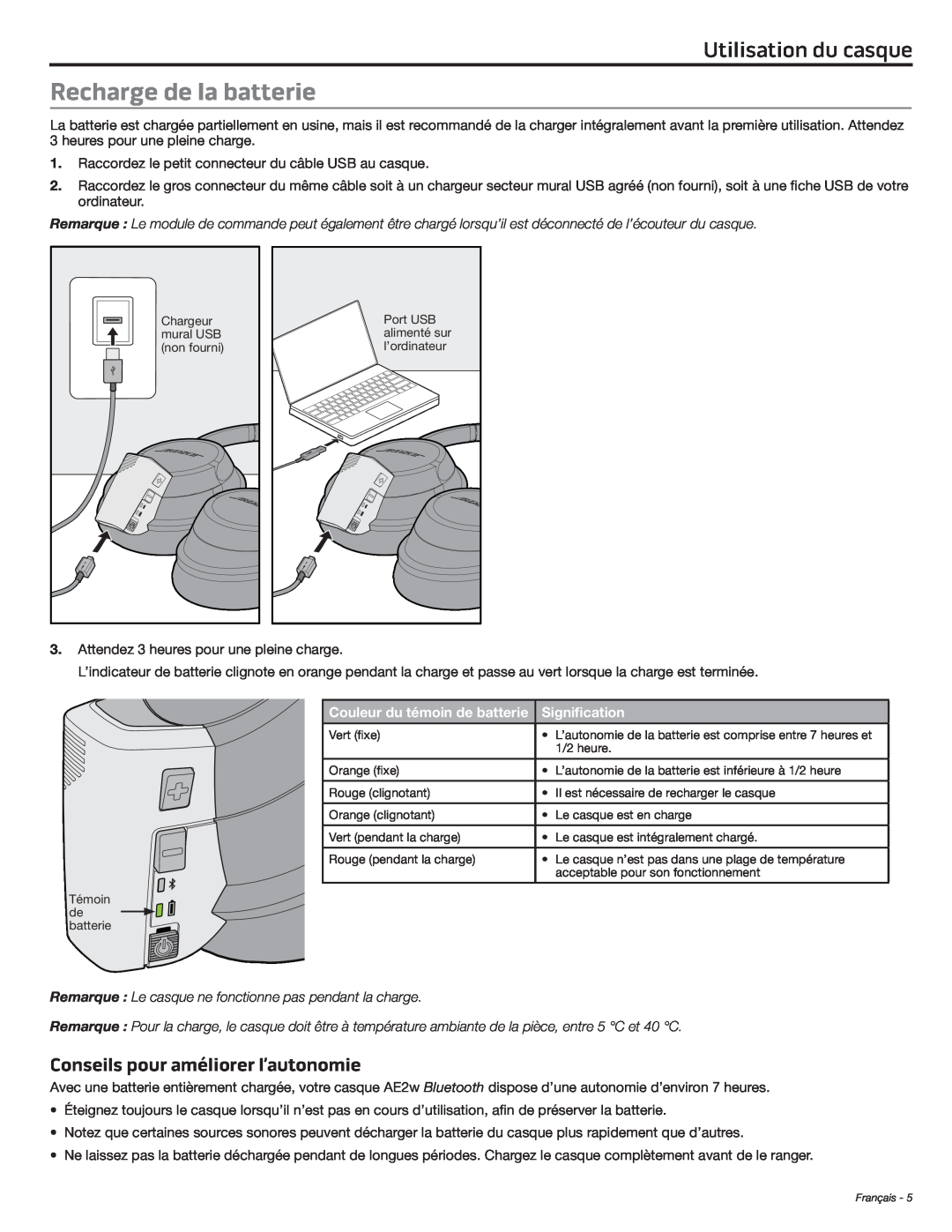Bose AE2W manual Recharge de la batterie, Conseils pour améliorer l’autonomie, Utilisation du casque 