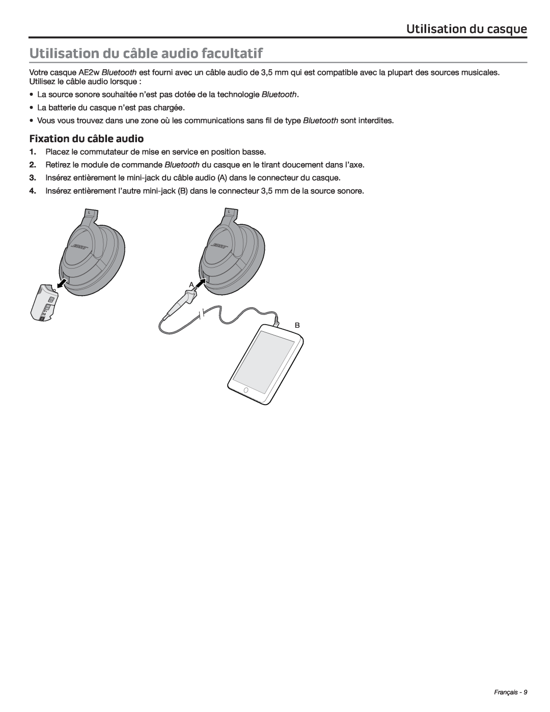 Bose AE2W manual Utilisation du câble audio facultatif, Fixation du câble audio, Utilisation du casque 