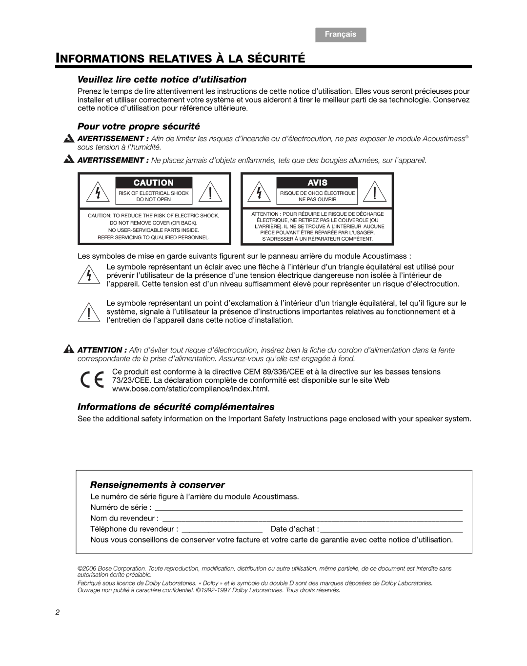 Bose 6 Series II manual Veuillez lire cette notice d’utilisation, Pour votre propre sécurité, Renseignements à conserver 